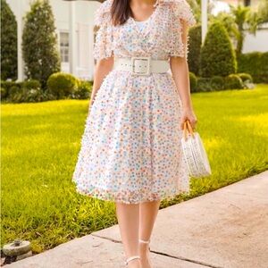 COPY - HALOGEN x Atlantic-pacific Bow Shoulder Textured Dot Dress In White Mult…